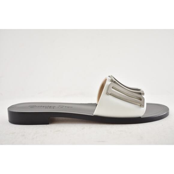 Christian Dior Diorevolution White Silver Metal Logo Slide Flat Sandal 36.5